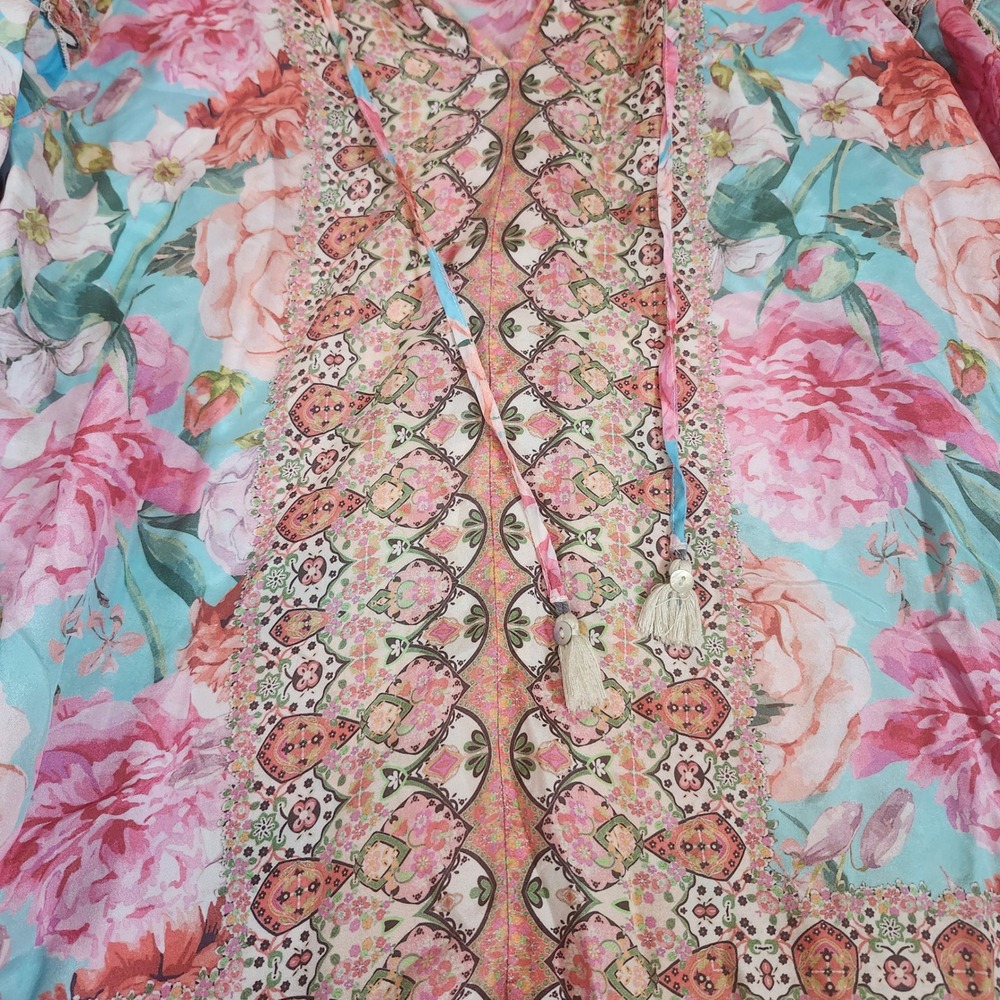 Johnny Was Blouse Floral 100% Silk Tassel‎ V-Neck Boho Pink Blue XS - Picture 4 of 9